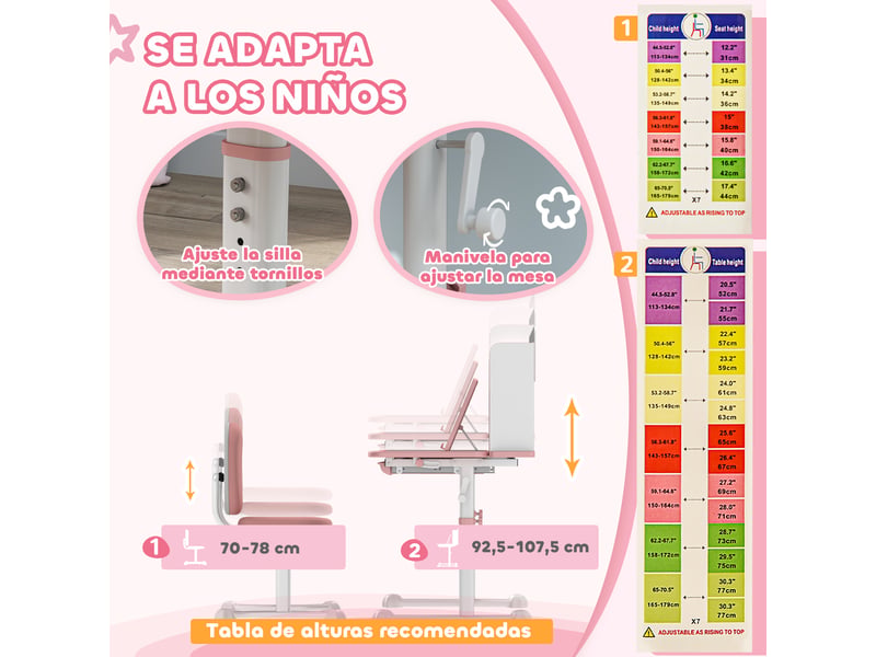 Ensemble bureau et chaise enfant réglable en hauteur rose et blanc avec plateau inclinable - Conforama W