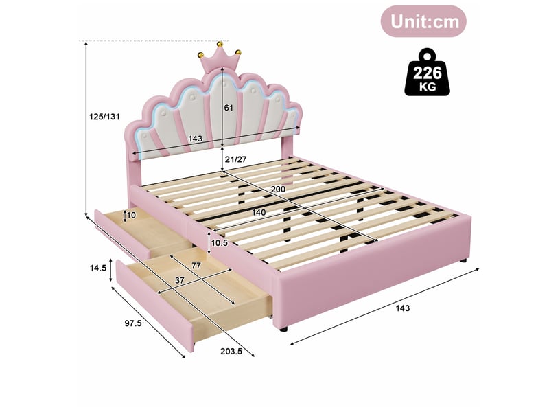  Lit enfant 140 x 200 cm rose, led 16 couleurs, 2 tiroirs, tête de lit réglable  - Conforama C