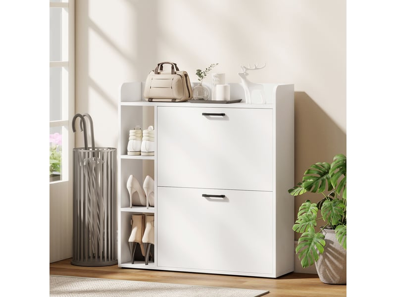  Meuble à chaussures étroit à 2 portes, 3 étagères latérales et étagères réglables pour 15 paires de chaussures, blanc  - Conforama C