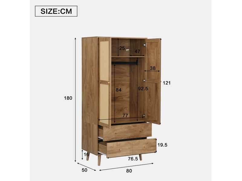  Armoire 80x50x180 cm avec 2 tiroirs et 2 portes en mdf, couleur bois foncé, design naturel, design effet rotin  - Conforama C