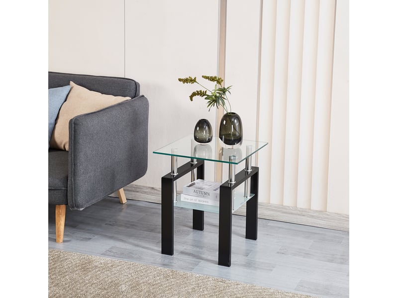  Table d'appoint  45 x 45 x 52 cm en verre trempé transparent avec étagère et pieds noirs  - Conforama D