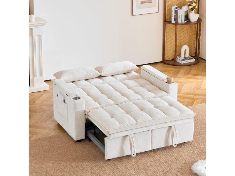  Canapé convertible 3-en-1, canapé 2 places avec rangement 142x89x89 cm en chenille beige  - Conforama B