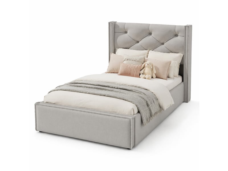  Lit coffre 1 place 90x200 cm en coton avec rangement sous le sommier et tête capitonnée, matelas inclus, gris clair  - Conforama A