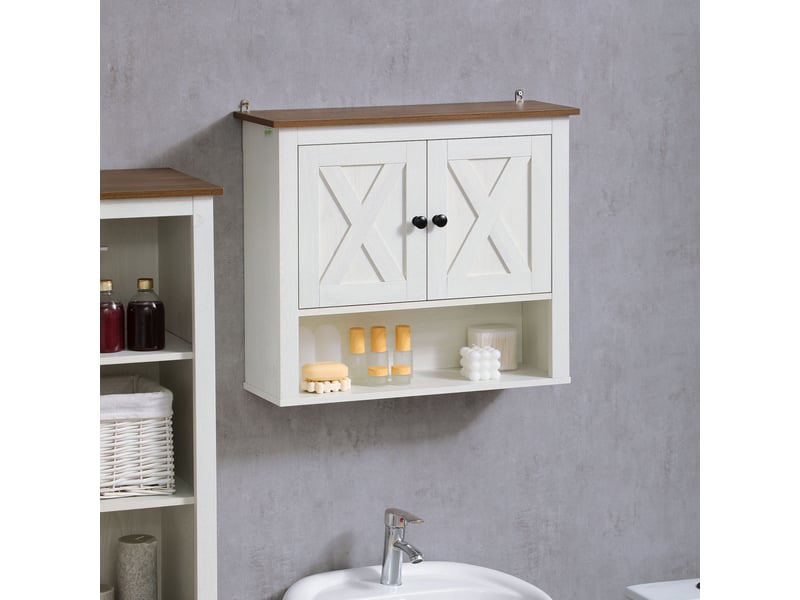  Armoire murale, armoire salle de bain avec placard à portess et compartiment ouvert, dim. 60 x 19,5 x 52,5 cm, blanc  - Conforama D