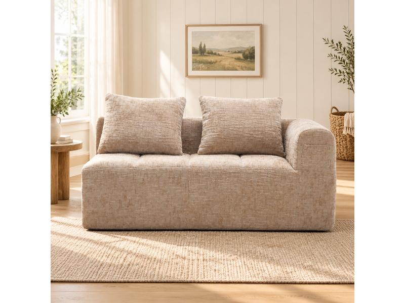  Canapé droit 2 places style chaise longue avec coussin et poches latérales en chenille kaki, 158 × 90 × 60 cm  - Conforama C