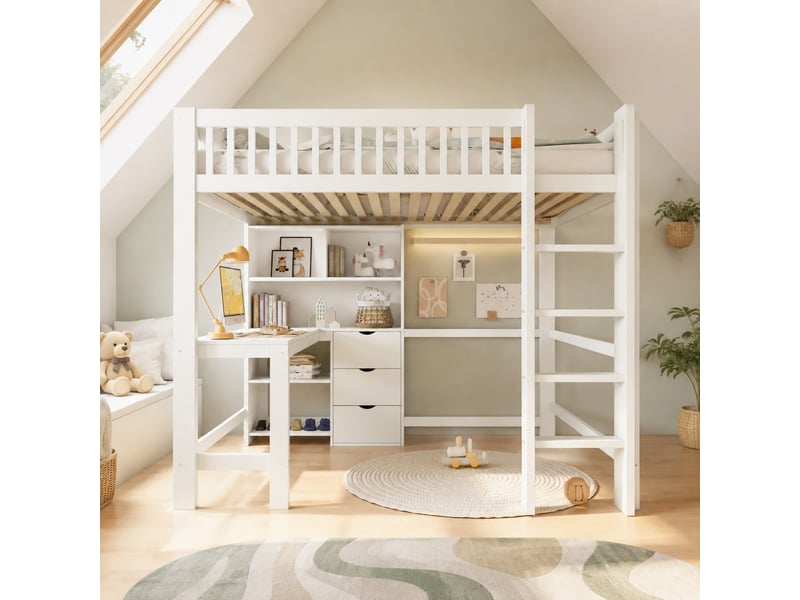  Lit multifonction, 140x200 cm, espace nuit, avec bureau, 3 tiroirs, échelle, matelas non inclus, bois, coloris blanc  - Conforama B