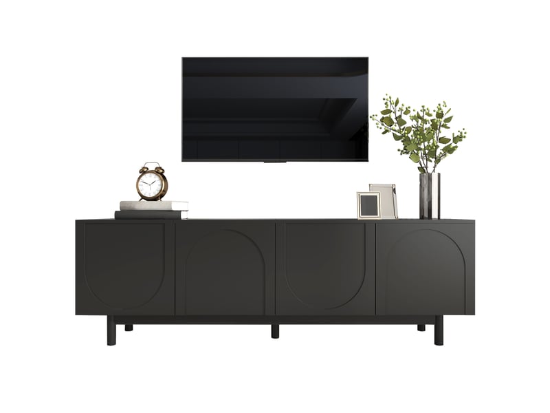  Meuble tv 175x38x56 cm, portes de rangement, façades texturées, finition brillante, étagères réglables pour salon et séjour - noir  - Conforama A