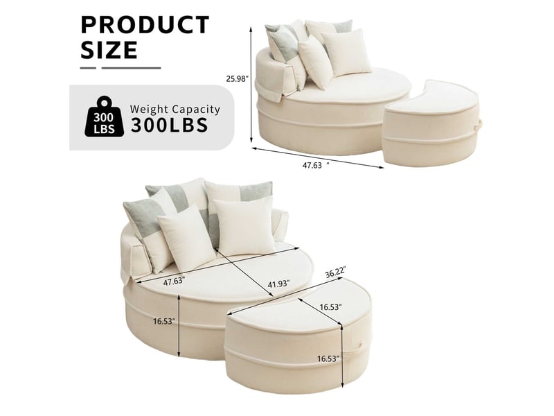  Canapé rond avec 5 coussins et repose-pieds - 163x121x66cm - fauteuil lounge sans structure en chenille douce - beige  - Conforama E