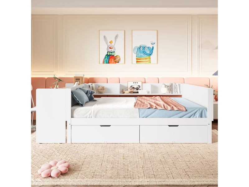  Lit double 140x200 en bois blanc avec bureau intégré et 2 tiroirs  - Conforama B
