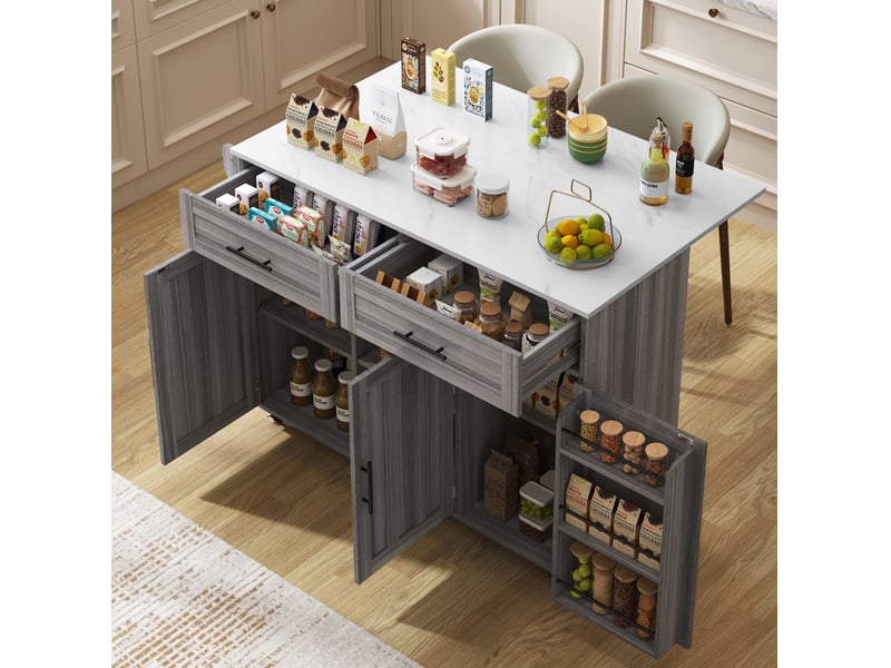  Desserte de cuisine 129 x 46 x 91,5 cm extensible, mdf gris et blanc à roulettes  - Conforama B