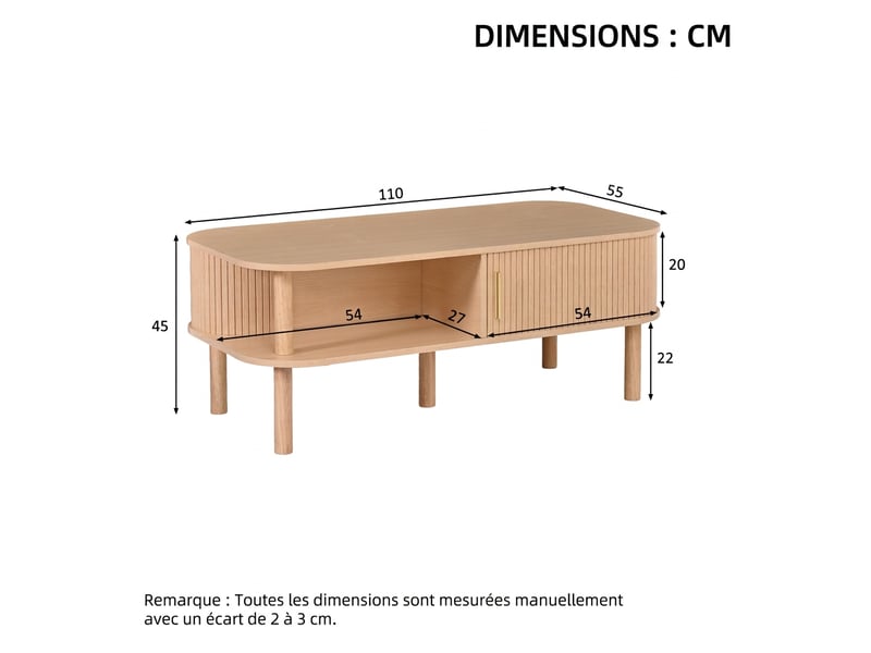  Table basse scandinave avec rangement porte coulissante 110 cm - bois naturel  - Conforama C