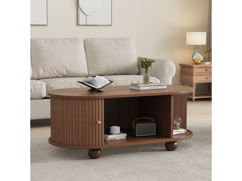  Table basse ovale noyer 100x50x40 cm, table de salon avec portes coulissantes 360°, design industriel gain de place  - Conforama D