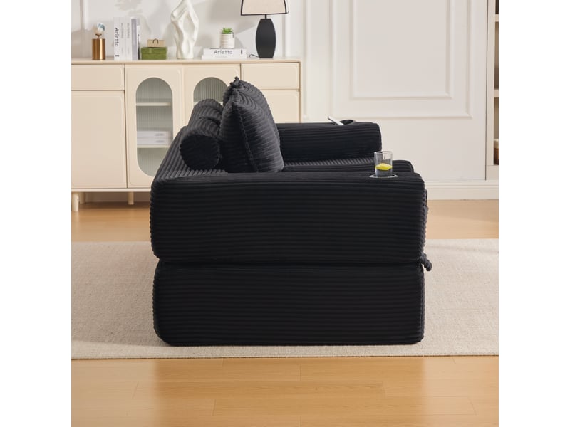  Canapé convertible 3 places en velours côtelé noir avec coffre et porte-gobelets intégrés  - Conforama E