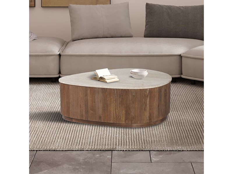  Table basse en travertin et bois de manguier 100 cm  - Conforama D