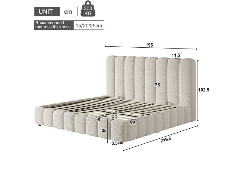 Lit coffre double 180 x 200 cm blanc en bouclé avec sommier à lattes - Conforama E
