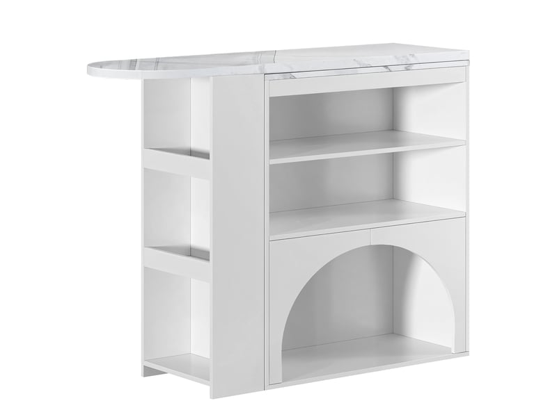  Table de bar extensible et pivotante, blanc effet marbre, 120(+80) x 40 x 100 cm  - Conforama E