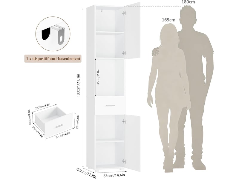  Meubles colonnes de salle de bain armoire de rangement haute placard sur pied avec portes tiroir blanc 37x30x180cm  - Conforama C
