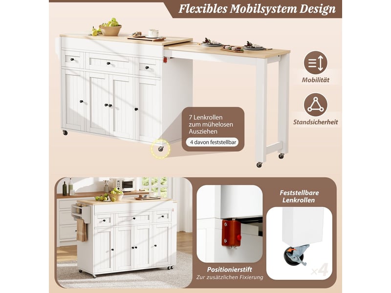  Îlot de cuisine rangement épices meuble de cuisine espace repas extensible tiroirs porte-épices roulettes structure autoportante coloris blanc  - Conforama D
