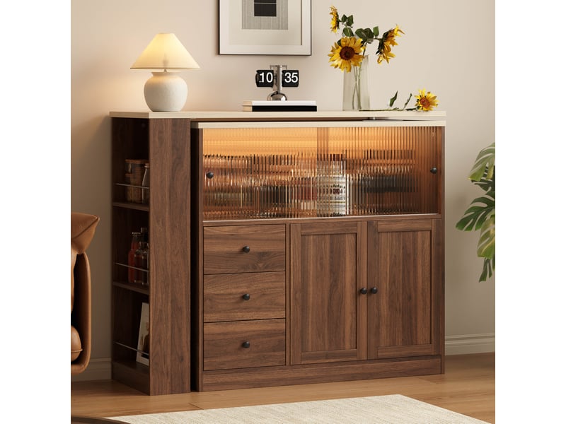 Îlot de cuisine table bar 172x40x96 cm - table pivotante à 360° - porte coulissante vitrée - tiroir et étagères latérales - mdf - bois naturel CozyNest - Conforama D