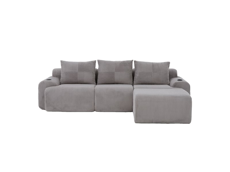 Canapé modulaire 3 places poufs inclus 268x174x80 cm, porte-gobelet, poche de côté, velours côtelé gris clair - Conforama A
