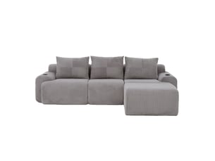 Canapé modulaire 3 places poufs inclus 268x174x80 cm, porte-gobelet, poche de côté, velours côtelé gris clair