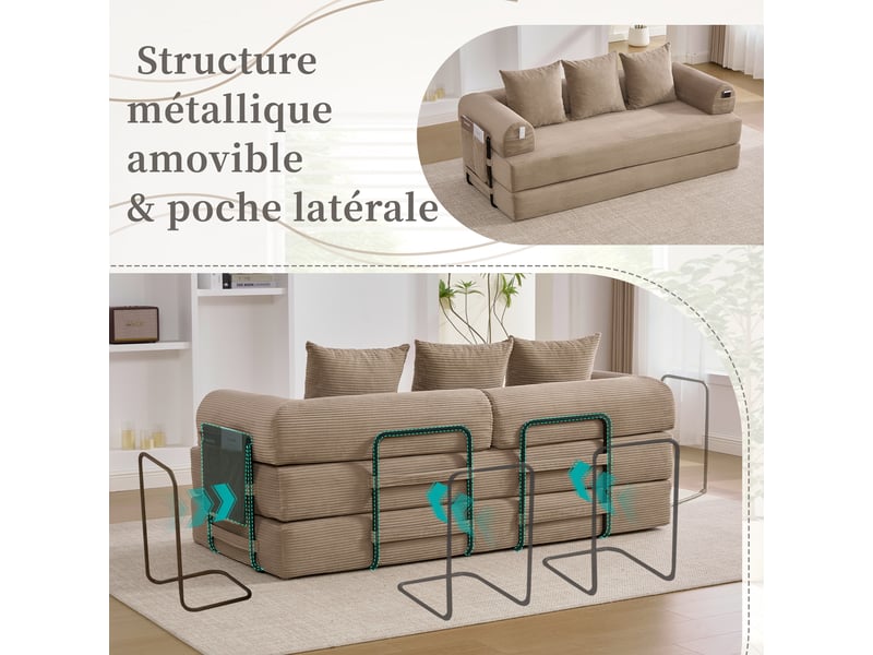 Canapé modulable velours côtelé kaki avec cadre métal et 3 coussins canapé d'angle pour petit espace - Conforama D