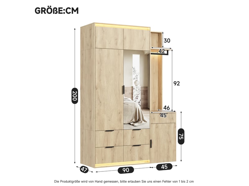  Armoire vestiaire 135x47x200 cm avec led, miroir, 2 barres de penderie et 5 tiroirs, mdf, bois, rangement de vêtements  - Conforama C