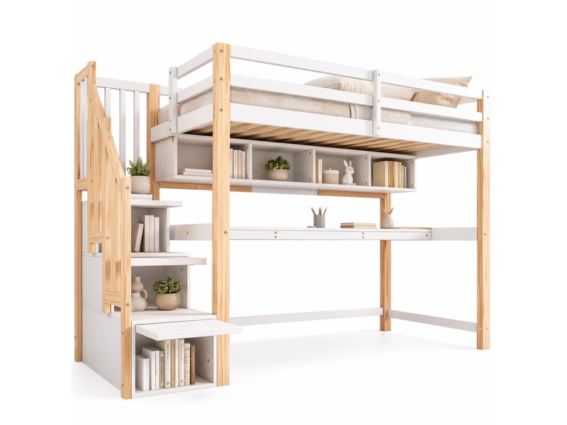  Lit mezzanine, 90x200 cm, avec bureau intégré, solution de rangement, matelas non inclus, bois, coloris blanc et chêne  - Conforama A