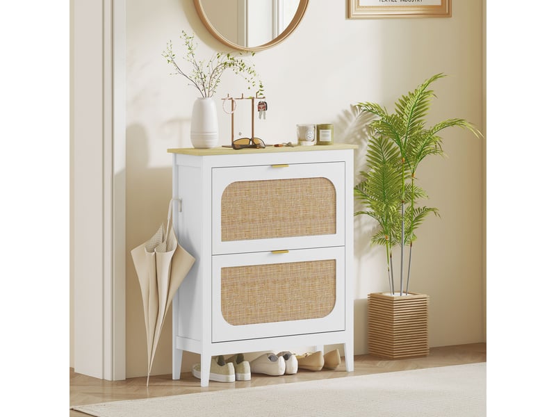  Meuble à chaussures étroit avec 2 portes en rotin, étagères réglables pour 14 paires de chaussures, 80 x 24 x 95,5 cm, blanc  - Conforama C