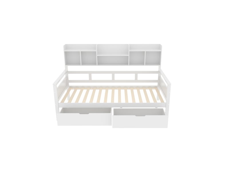  Lit 1 place 90x200cm, canapé lit avec compartiments, 2 tiroirs de rangement et sommier, mdf blanc, sans matelas  - Conforama E