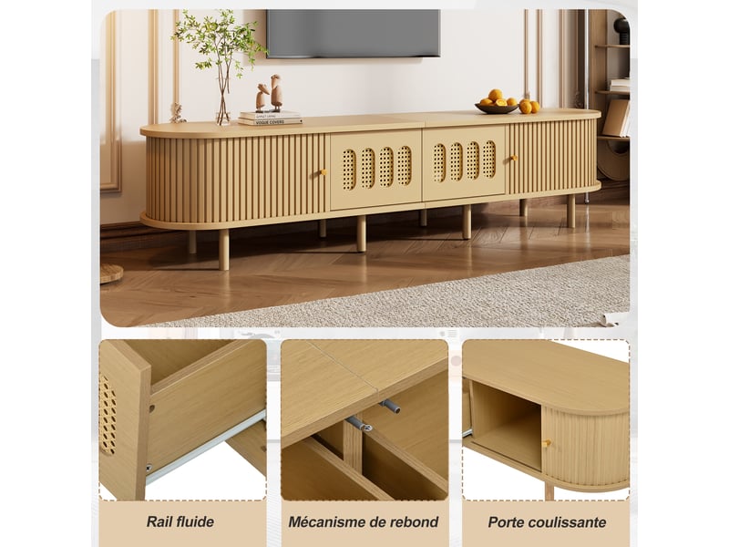 Meuble tv support télévision 180 cm pour téléviseur jusqu'à 75', avec 2 portes 2 tiroirs, avec espace de rangement, bois clair  - Conforama D