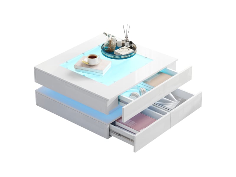 Table basse en verre 70x70 cm – led, design géométrique, 3 tiroirs, blanc brillant – idéale pour petits espaces - Conforama E