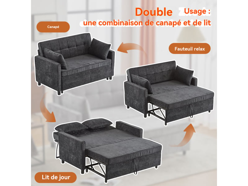 Canapé convertible clic-clac 2 places 142 x 79 x 85 cm, dossier réglable 2 positions, tissu chenille, gris  - Conforama R