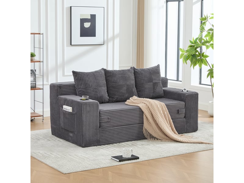  Canapé trois places avec porte-gobelets et poches latérales, design sans cadre, larges assises - gris  - Conforama D