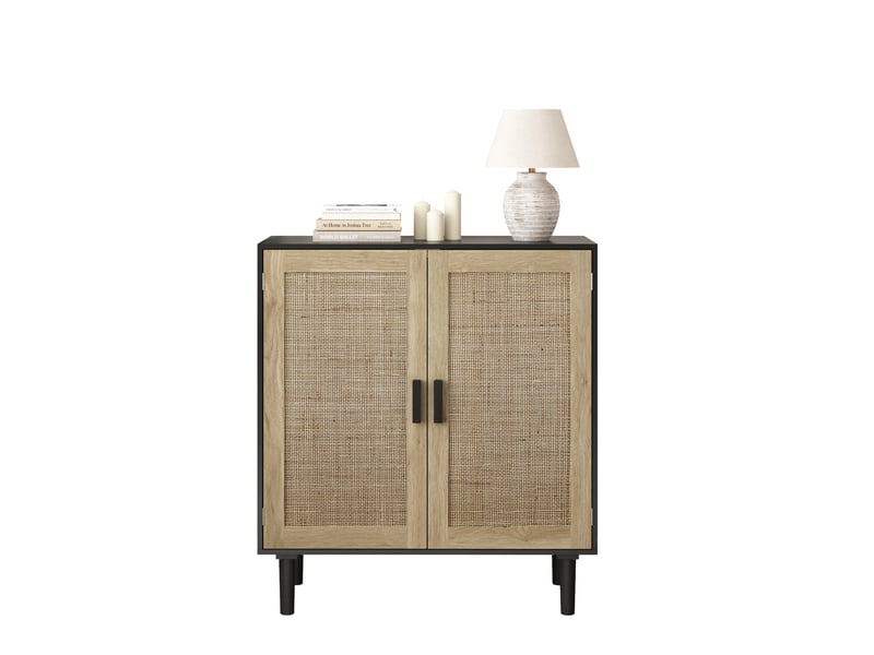 Meuble de rangement 2 portes en mdf et rotin noir 80 x 40 x 88 cm  - Conforama A