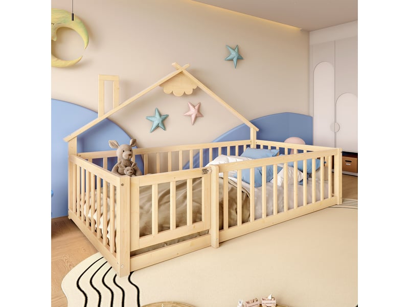  Lit enfant 90x190 cm en pin naturel, style maison, barrières avec fermeture, design sécurisé  - Conforama B