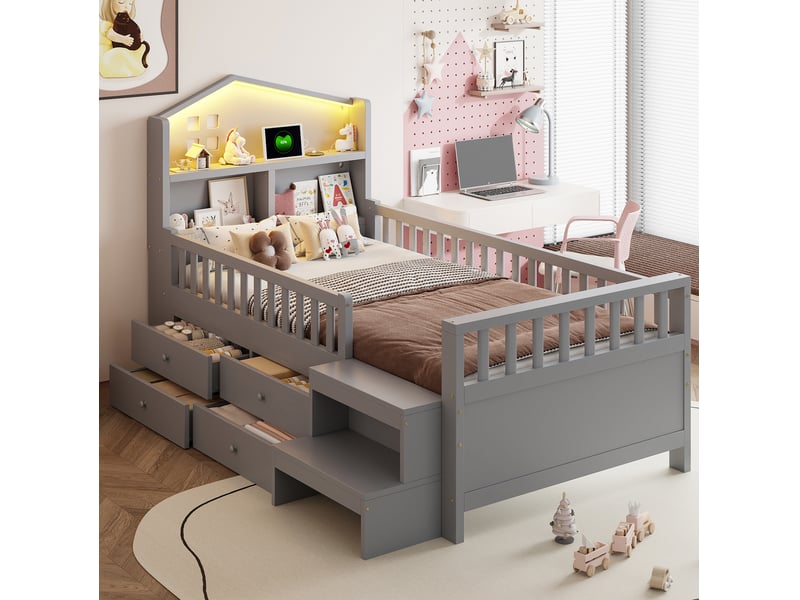 Lit simple 90x200 cm, lit enfant, tiroirs, marche latérale, led, charge, rangement, sommier, pin, gris, sans matelas - Conforama B