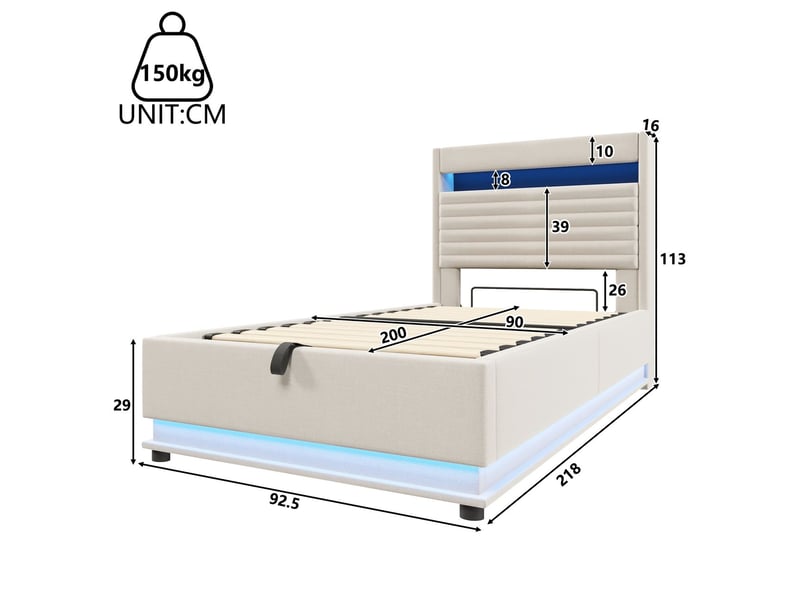  Lit rembourré 90 x 200 cm charge usb-c éclairage led rangement hydraulique compartiment de rangement relevable commande par bouton et application lin beige  - Conforama C