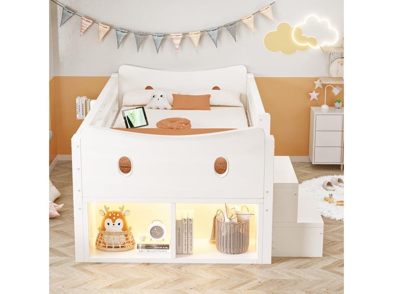  Lit simple 90x200 cm - 4 tiroirs et rangement - tête de lit avec led, usb &amp; type-c - barrières de sécurité - blanc  - Conforama R