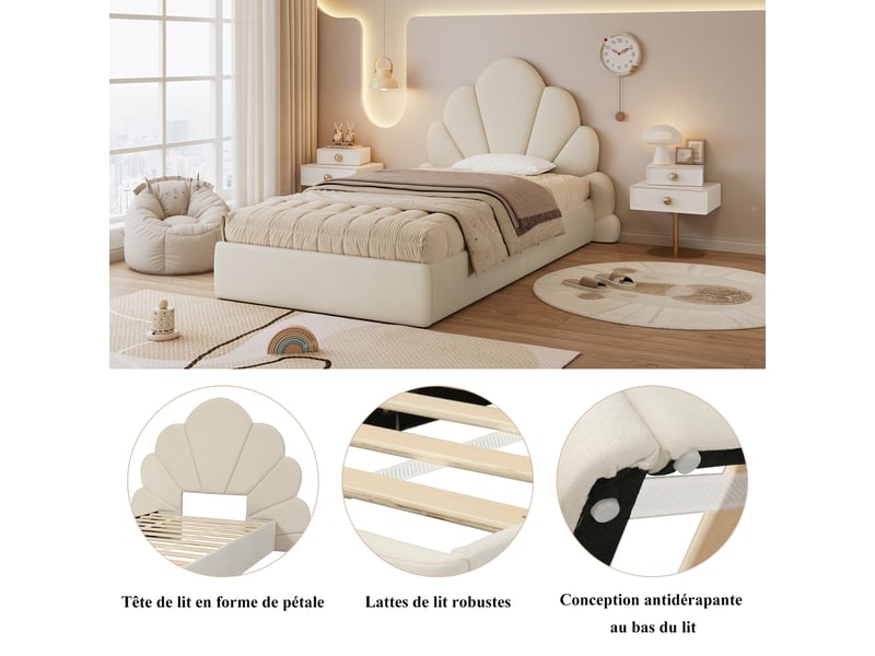  Lit simple 90x200 cm rembourré, tête de lit en pétales, sommier à lattes, velours doux et design floral, cadre de lit capitonné, beige  - Conforama E
