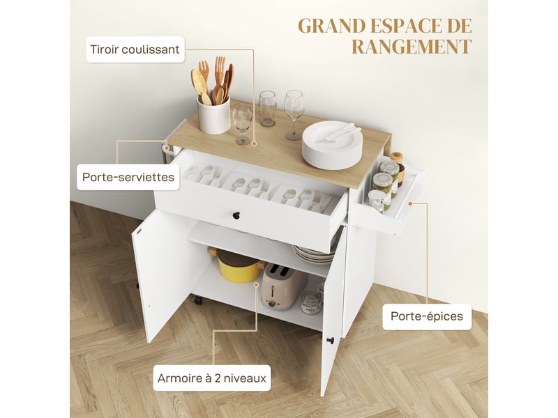  Desserte de cuisine à roulettes avec plateau rabattable 106 x 42 x 87 cm  - Conforama E