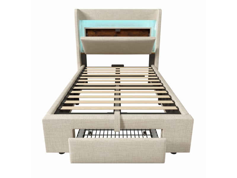  Lit coffre 90 × 200 en lin beige, tête de lit avec rangements, led et usb-c IKSETERA TRADING LTD - Conforama W