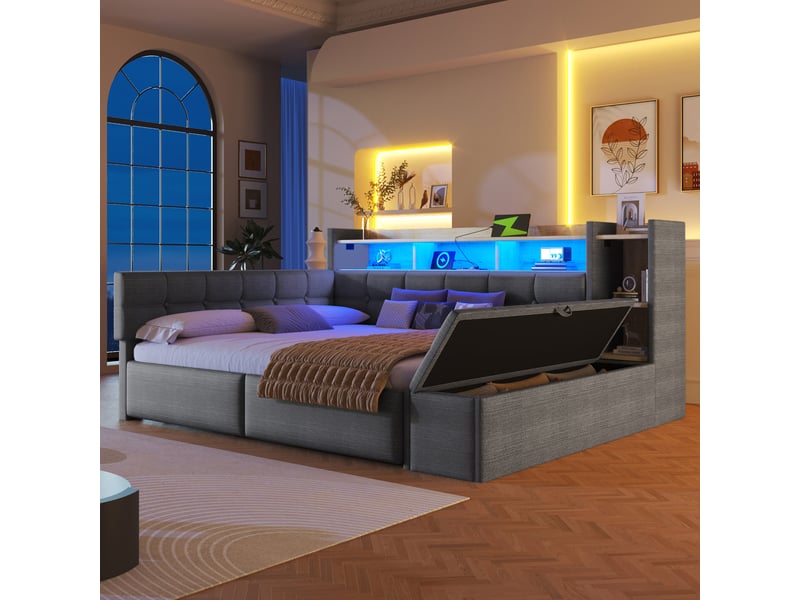  Lit de jour 140 × 190 cm avec deux tiroirs, usb type-c, étagère, led, sans matelas, velours, gris foncé  - Conforama C