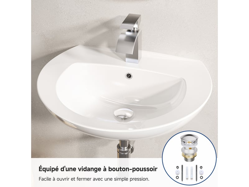  Cecipa max lavabo 57 x 45 cm - lavabo semi-circulaire en céramique - avec bonde pop-up - espace de pose - pour fixation murale - blanc  - Conforama E