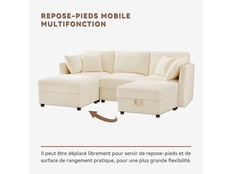Canapé d'angle en chenille beige convertible 3 à 4 places 218 x 156,5 cm avec pouf mobile - Conforama D
