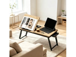 Table pour ordinateur portable pliable avec hauteur et inclinaison réglables, tiroir latéral, noir et chêne