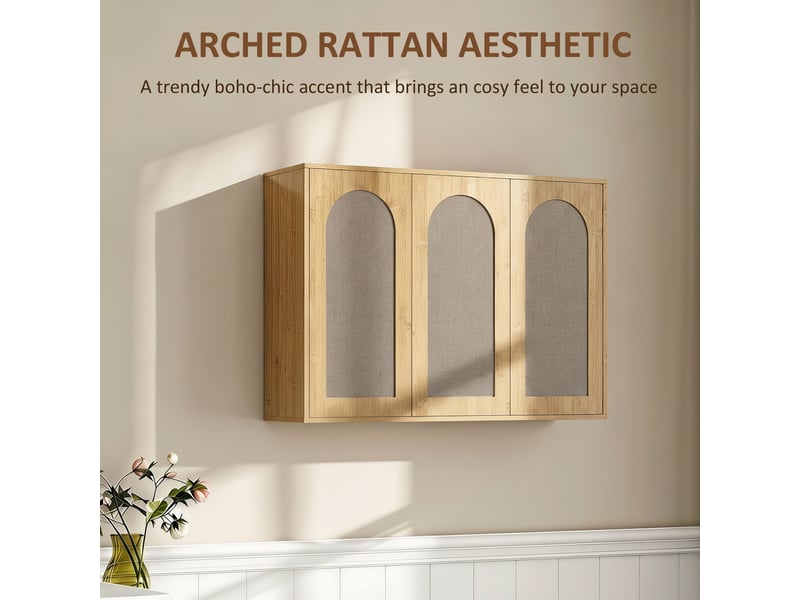 Armoire murale de salle de bain bohème avec 3 portes effet rotin à fermeture douce et étagère réglable, chêne - Conforama D