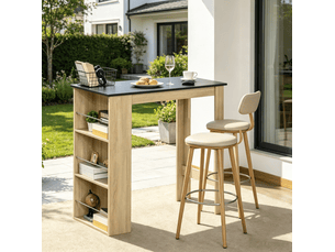 Table de salle à manger haute avec 3 étagères ouvertes, style contemporain, en panneau de particules, noir et chêne