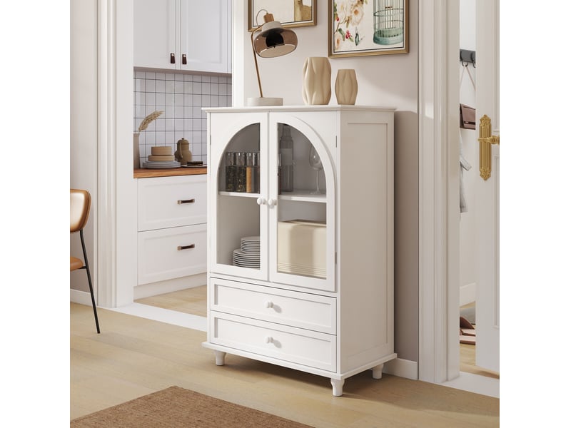  Buffet haut 71x38x106,5 cm avec 2 portes en verre trempé et 2 tiroirs en mdf couleur blanc, design simple  - Conforama B