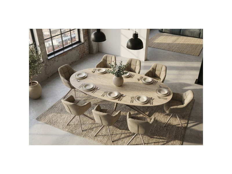  Table de salle à manger avelis ovale 220 cm en céramique beige et métal marron style contemporain  - Conforama B